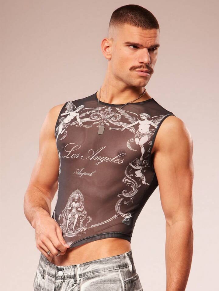 Fevercity Men's Angle Print Casual Fashion Tank Top Men Rave Top Men Mesh Crop Top Men Top Men's Graphic cropped Top Los Angeles Mesh Top